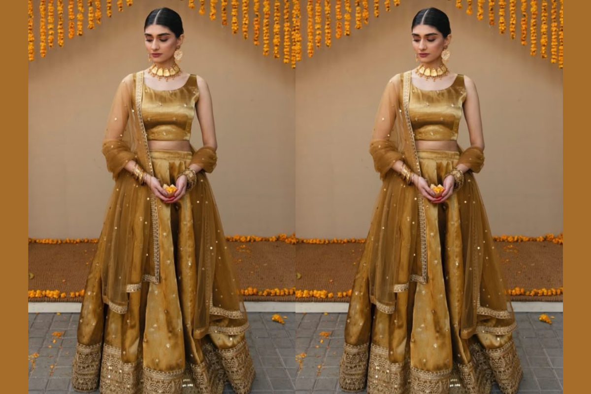 Golden Lehenga Design: अपनी पसंद से बनवाएं ये गोल्डन एस्थेटिक लहंगा, टेलर भैया को ऐसे करें गाइड 1 Golden Lehenga Design 1 1