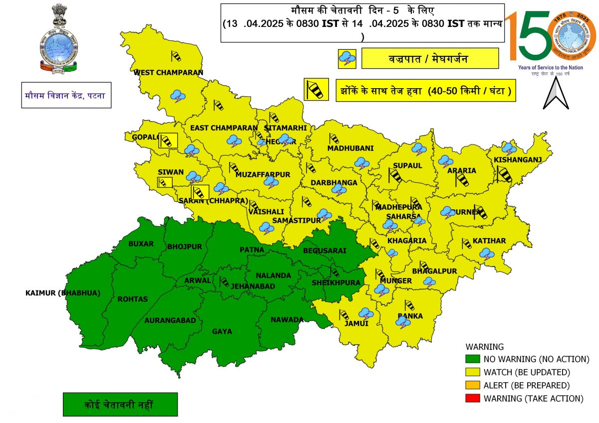 Bihar Rain Alert: बिहार के 25 जिलों में 13 और 14 अप्रैल को होगी भयंकर बारिश, IMD ने मेघगर्जन पर भी जारी किया येलो अलर्ट 3 GoFJiRSXAAAQA6x