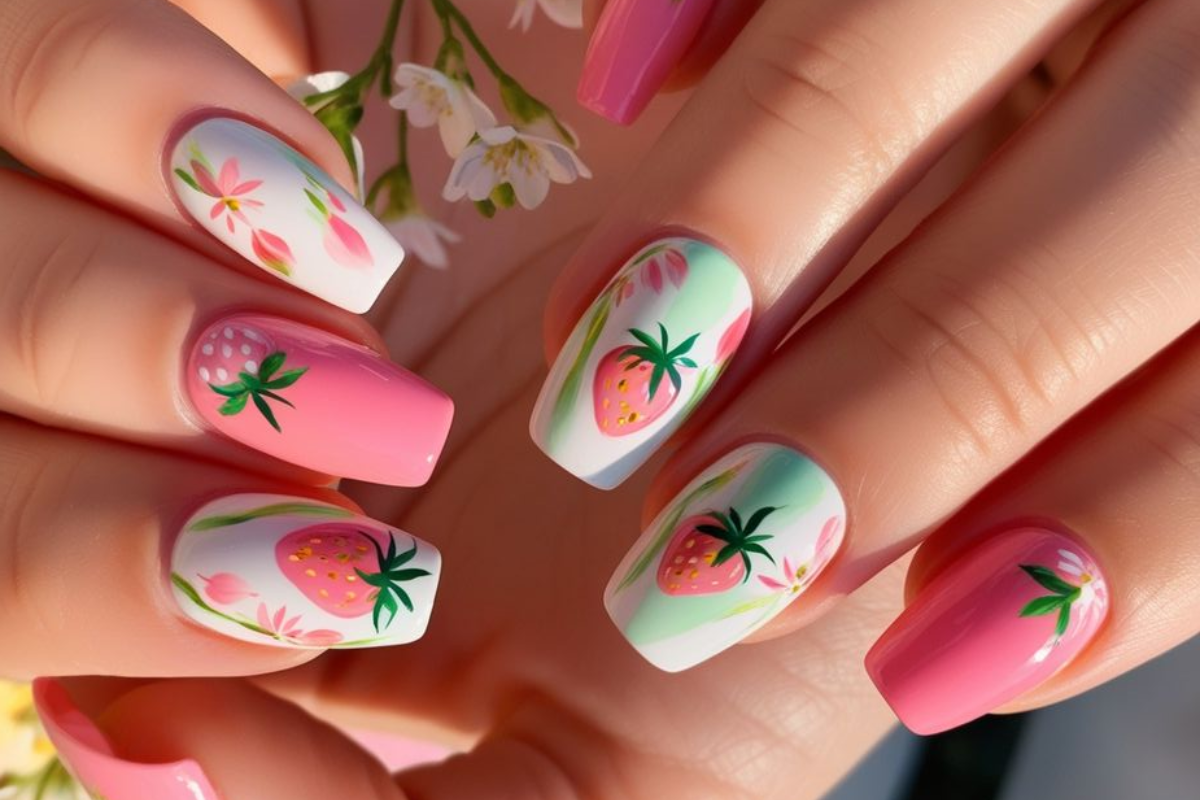 Pink Strawberry Nail Art Design