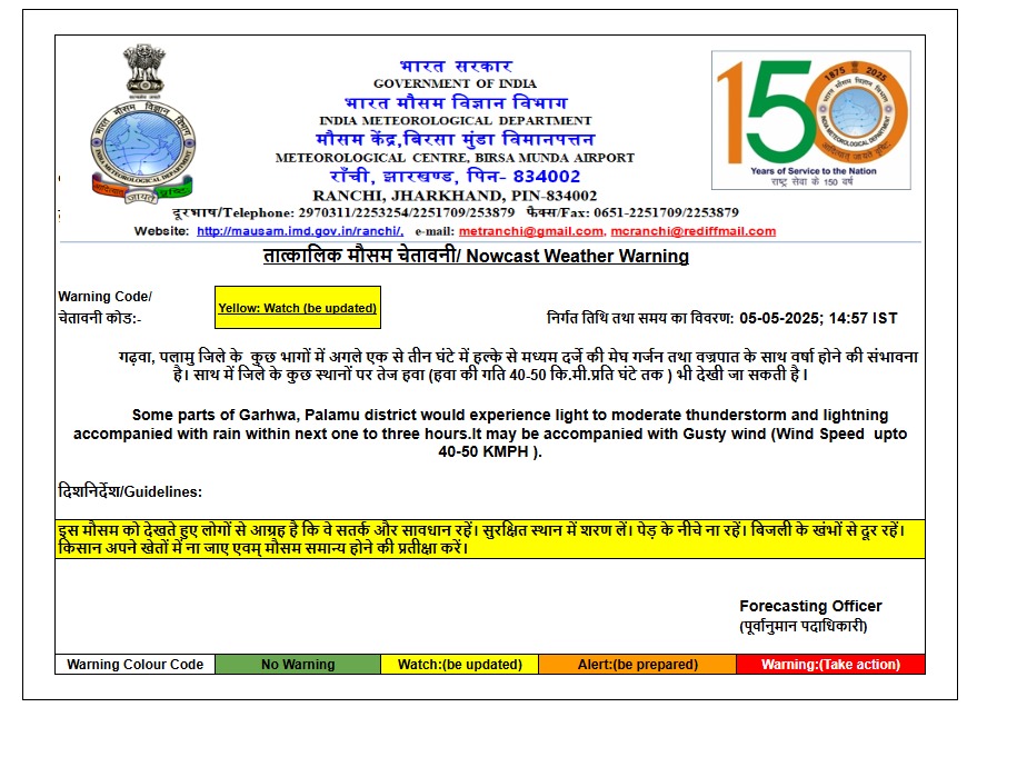 Jharkhand Rain Alert: झारखंड के 4 जिलों में 3 घंटे के अंदर आंधी-तूफान के साथ जोरदार बारिश, वज्रपात की चेतावनी 2 WhatsApp Image 2025 05 05 at 2.57.45 PM