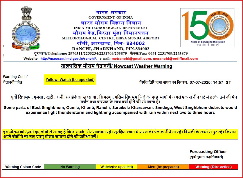 Jharkhand Weather: सावधान! रांची समेत 9 जिलों में अगले 3 घंटे में वज्रपात, गरज के साथ बारिश की चेतावनी 2 WhatsApp Image 2025 07 07 at 2.58.14 PM
