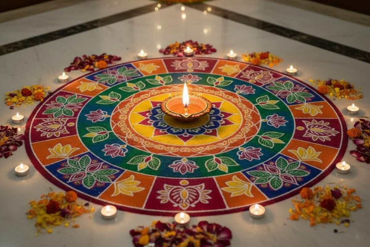 Diwali Special Rangoli Design Photos: कम समय में बिना ज्यादा मेहनत किए बनाएं ये ब्यूटीफुल दिवाली स्पेशल रंगोली डिजाइन 4 Floral Rangoli Design