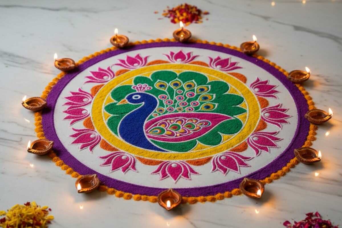 Diwali Special Rangoli Design Photos: कम समय में बिना ज्यादा मेहनत किए बनाएं ये ब्यूटीफुल दिवाली स्पेशल रंगोली डिजाइन 6 Peacock Rangoli Design