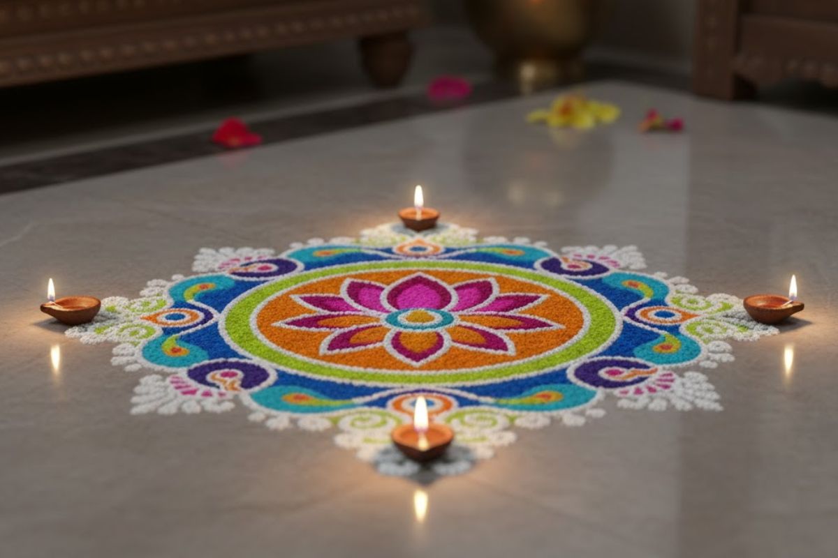 Diwali Special Rangoli Design Photos: कम समय में बिना ज्यादा मेहनत किए बनाएं ये ब्यूटीफुल दिवाली स्पेशल रंगोली डिजाइन 5 Diwali 2025 21