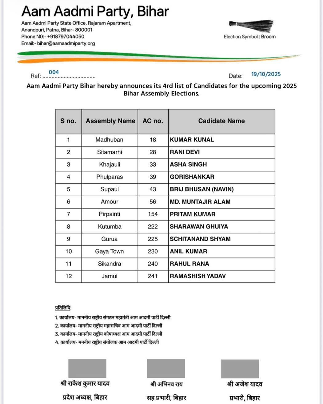 आम आदमी पार्टी ने जारी की उम्मीदवारों की चौथी सूची, जानिए किसे कहां से बनाया गया उम्मीदवार