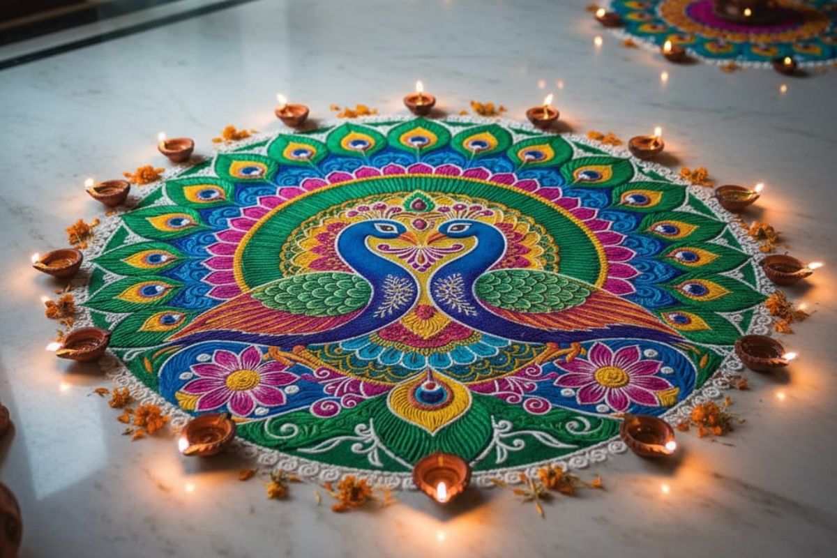 Rangoli Design For Dhanteras: मां लक्ष्मी को खुश करने के लिए धनतेरस पर बनाएं ये रंगोली डिजाइन 5 peacock rangoli desigen