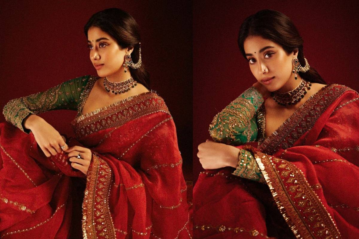Full sleeves blouse design inspired by Janhvi Kapoor for classy and elegant saree style - Green Full Sleeve Blouse Design with Red Saree