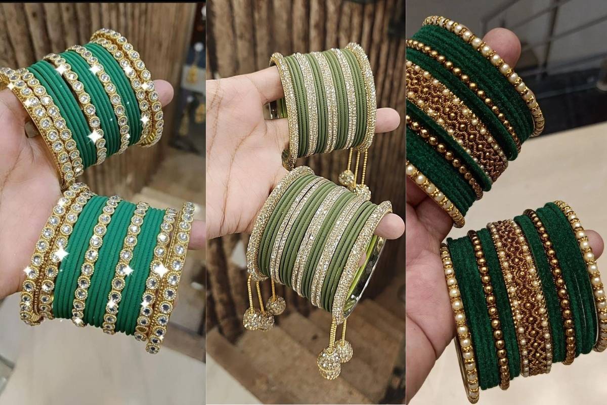 Latest Velvet Bangles Design: मार्केट में बढ़ रहीं है वेलवेट चूड़ियों की डिमांड – देखें न्यू शेड्स 3 Green Velvet Bangles Design for Women – Olive Green Parrot Green Dark Green velvet bangles set for festive mix-and-match styling