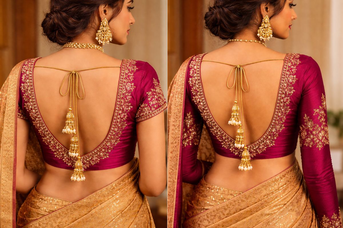 Traditional Blouse Design Back Side: सिम्पल साड़ी में दिखना है क्लासिक और एलिगेंट, तो जरूर ट्राई करें ये ब्लॉउज डिजाइन्स 4 Deep U-shaped back design