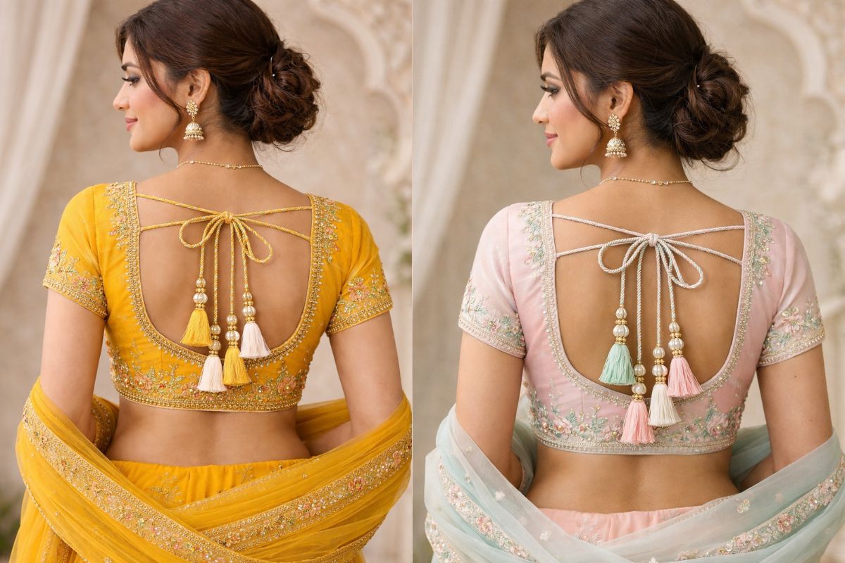 Traditional Blouse Design Back Side: सिम्पल साड़ी में दिखना है क्लासिक और एलिगेंट, तो जरूर ट्राई करें ये ब्लॉउज डिजाइन्स 6 Dori and tassel work blouse