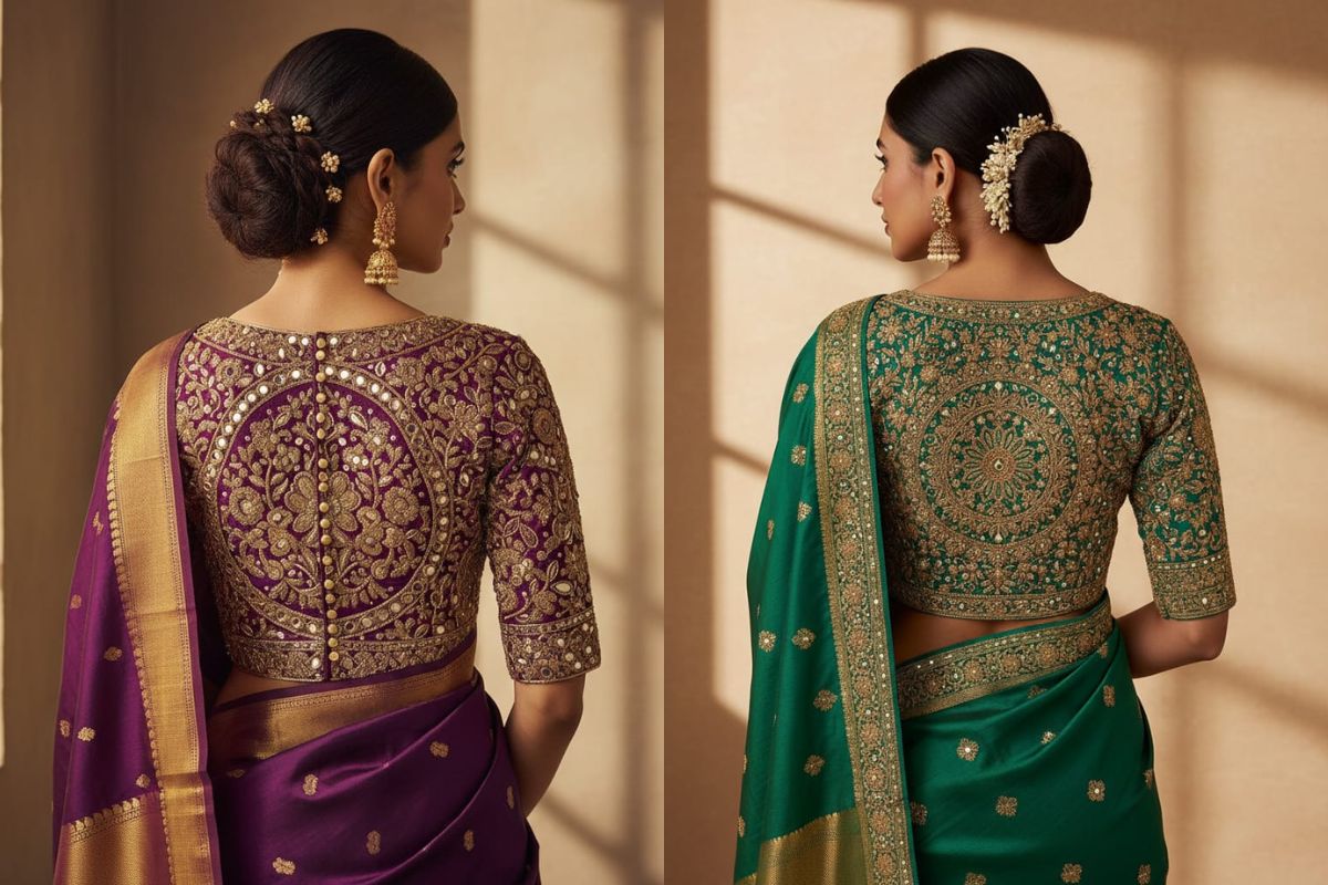 Traditional Blouse Design Back Side: सिम्पल साड़ी में दिखना है क्लासिक और एलिगेंट, तो जरूर ट्राई करें ये ब्लॉउज डिजाइन्स 9 Embroidered back side blouse