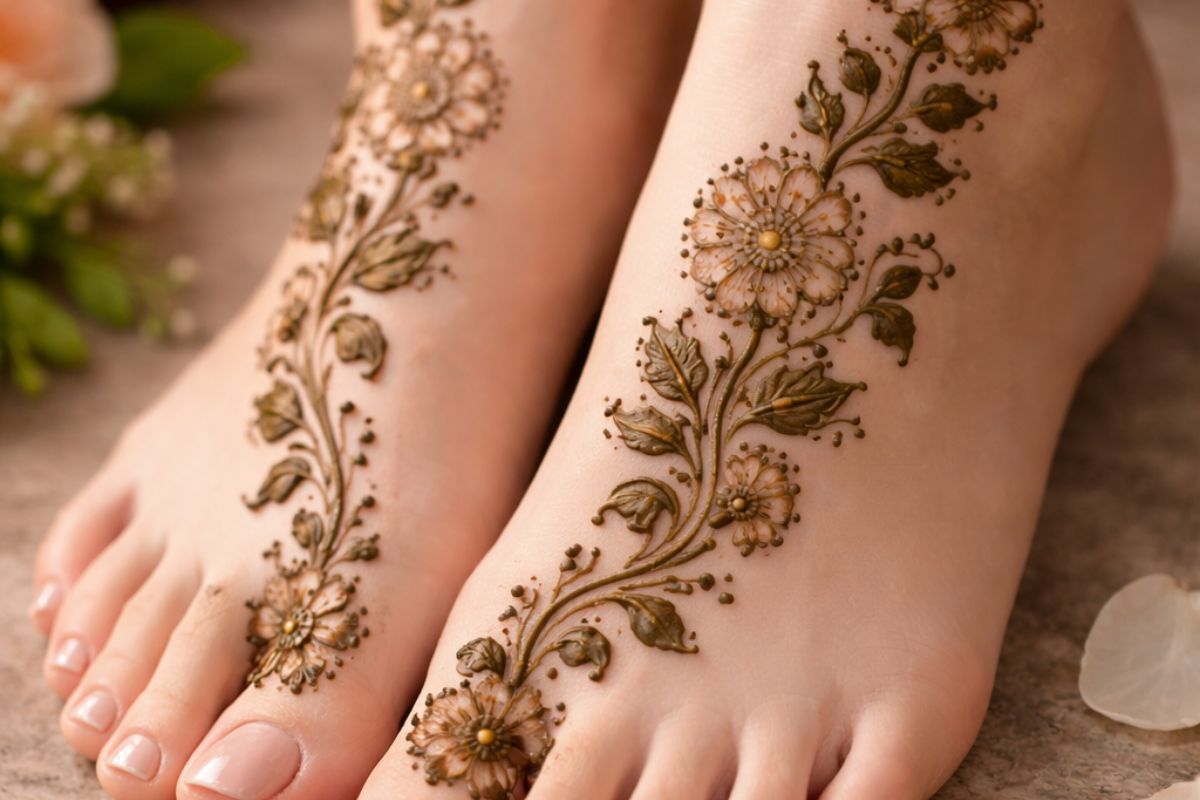 Simple Feet Mehndi Design: सगाई के दिन हाथ ही नहीं पैरों के साइड पर बनी मेहंदी, जो दे स्टाइलिश और ग्रेसफुल फिनिश 1 Floral and leaf pattern mehndi design