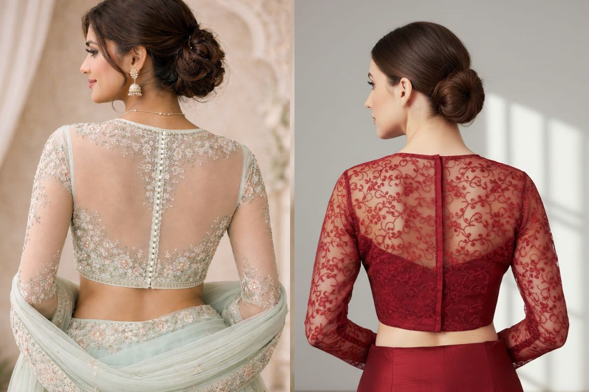 Traditional Blouse Design Back Side: सिम्पल साड़ी में दिखना है क्लासिक और एलिगेंट, तो जरूर ट्राई करें ये ब्लॉउज डिजाइन्स 7 Fully covered back with net