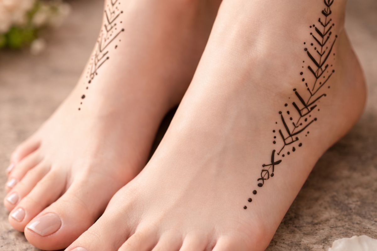 Simple Feet Mehndi Design: सगाई के दिन हाथ ही नहीं पैरों के साइड पर बनी मेहंदी, जो दे स्टाइलिश और ग्रेसफुल फिनिश 2 Geometric lines and dots mehndi Design