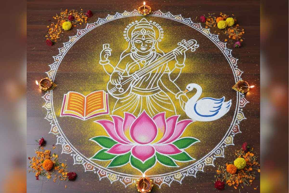 Maa Saraswati  Simple Rangoli Design 