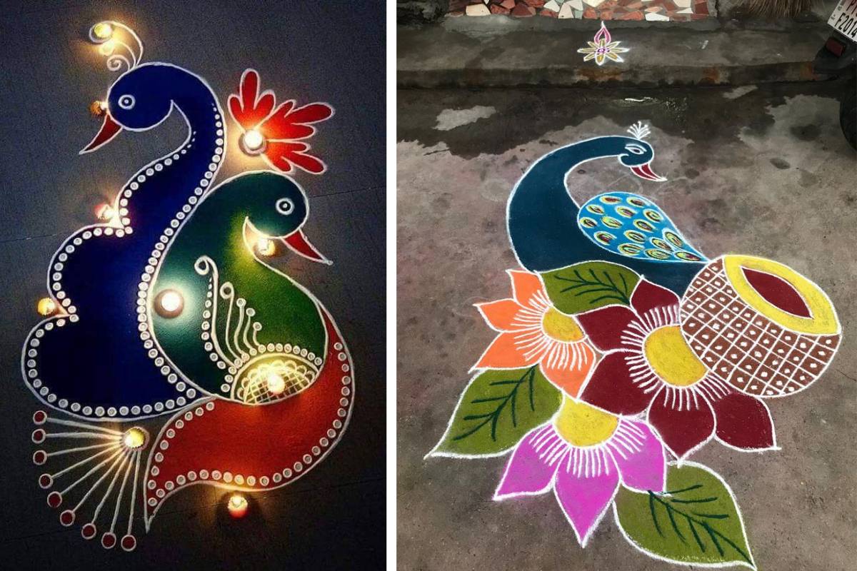 Peacock Rangoli Design for Basant Panchami: मोर रंगोली डिजाइन