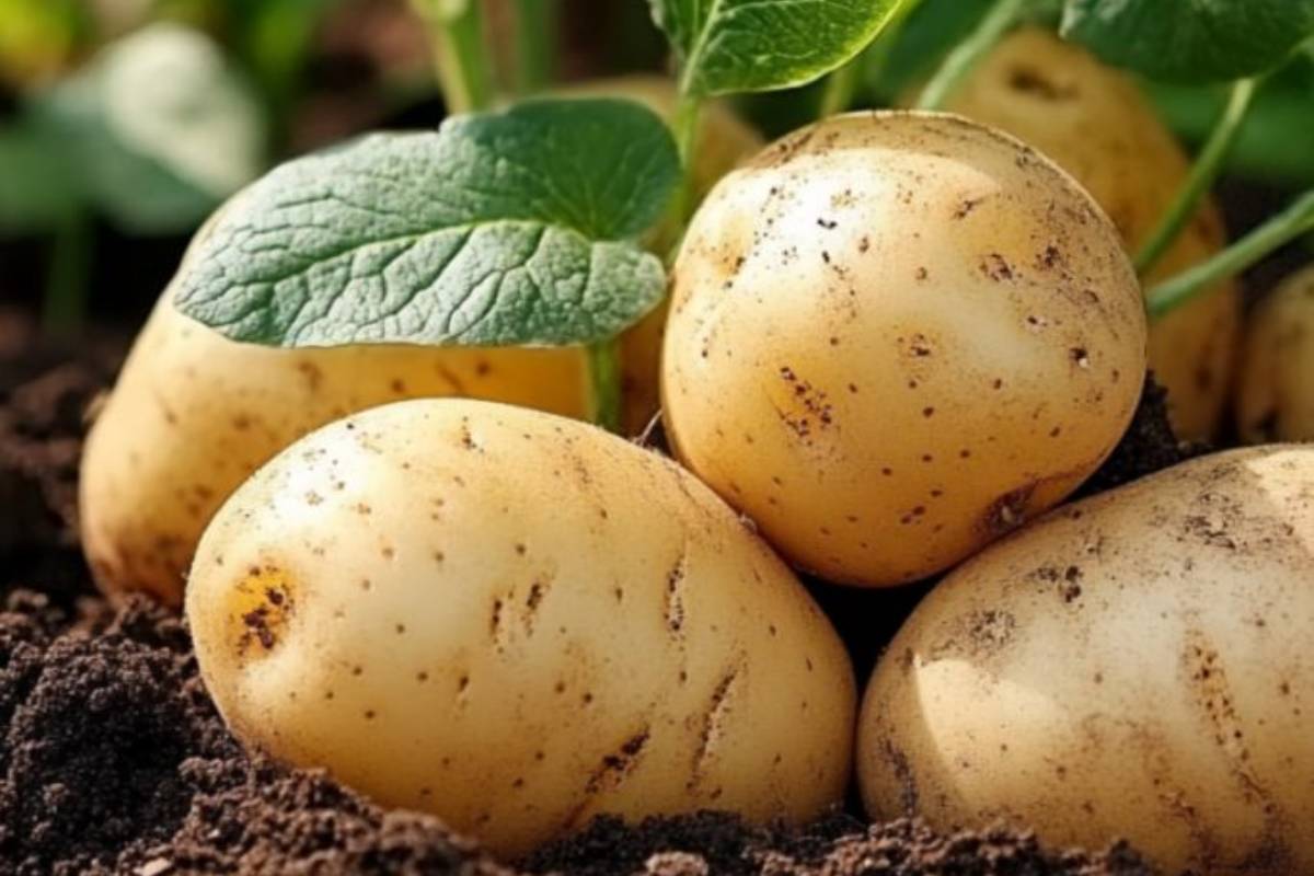 Fresh potatoes harvested from soil