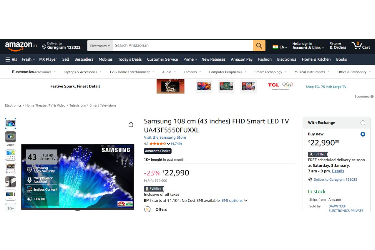 नए साल पर गिरे Samsung Smart TV के 43, 55 और 65 इंच के दाम, चूक गए तो बस हाथ मलते रह जाएंगे 4 Samsung FHD Smart LED TV UA43F5550FUXXL (43 inches