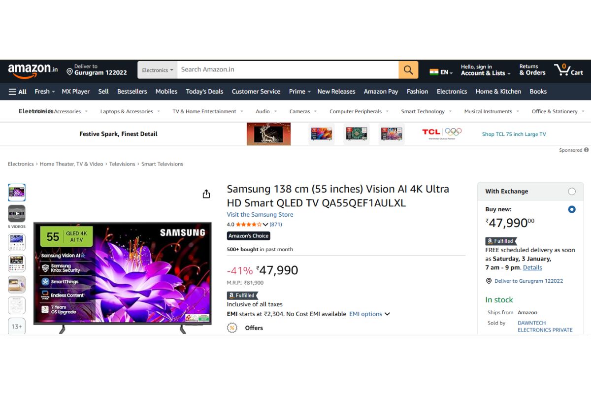 नए साल पर गिरे Samsung Smart TV के 43, 55 और 65 इंच के दाम, चूक गए तो बस हाथ मलते रह जाएंगे 5 Samsung Vision AI 4K Ultra HD Smart QLED TV (55 inches)