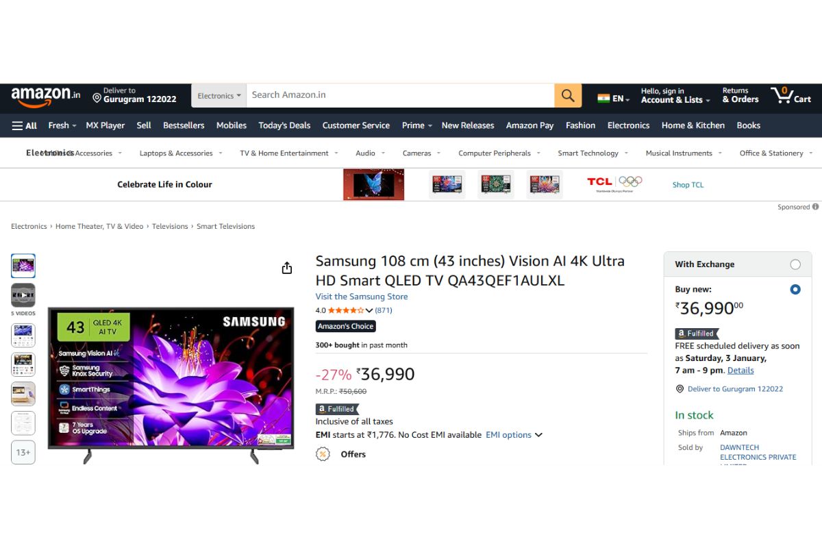 नए साल पर गिरे Samsung Smart TV के 43, 55 और 65 इंच के दाम, चूक गए तो बस हाथ मलते रह जाएंगे 6 Samsung Vision AI QLED TV QA43QEF1AULXL (43 inches)