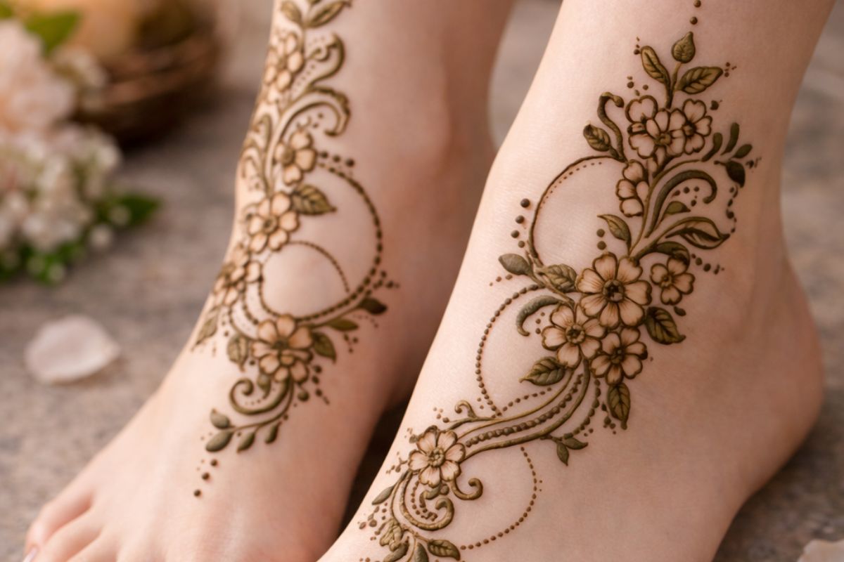 Simple Feet Mehndi Design: सगाई के दिन हाथ ही नहीं पैरों के साइड पर बनी मेहंदी, जो दे स्टाइलिश और ग्रेसफुल फिनिश 4 mehndi Design with transparent spaces