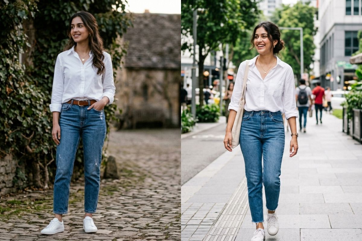 Casual Brunch Style White Shirt Blue Denim Jeans