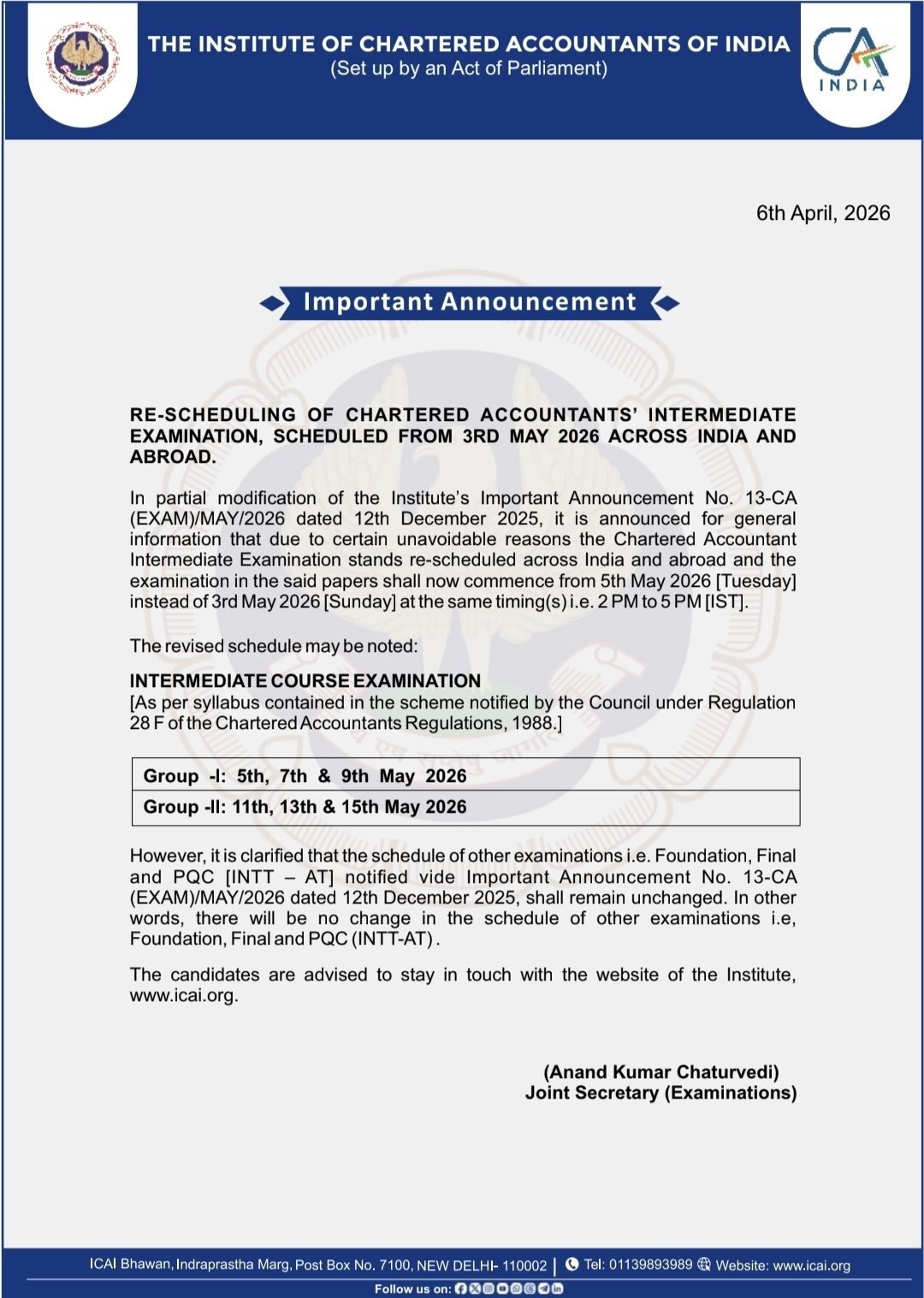 अब साल में 2 बार होगी CA फाइनल परीक्षा, ICAI इंटर की डेट भी बदली