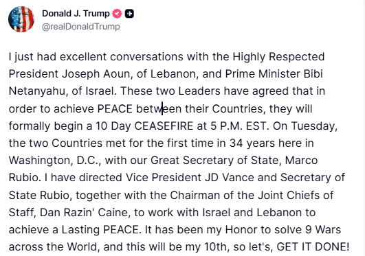 राष्ट्रपति ट्रंप ने किया ऐलान, 10 दिनों के साजफायर पर इजरायल-लेबनान राजी