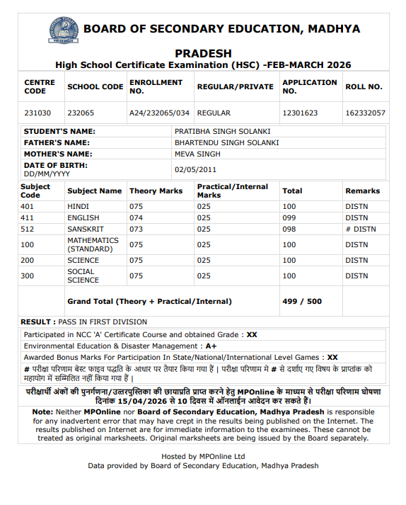 500 में से 499 मार्क्स, देखें एमपी बोर्ड 10वीं की टॉपर प्रतिभा की मार्कशीट