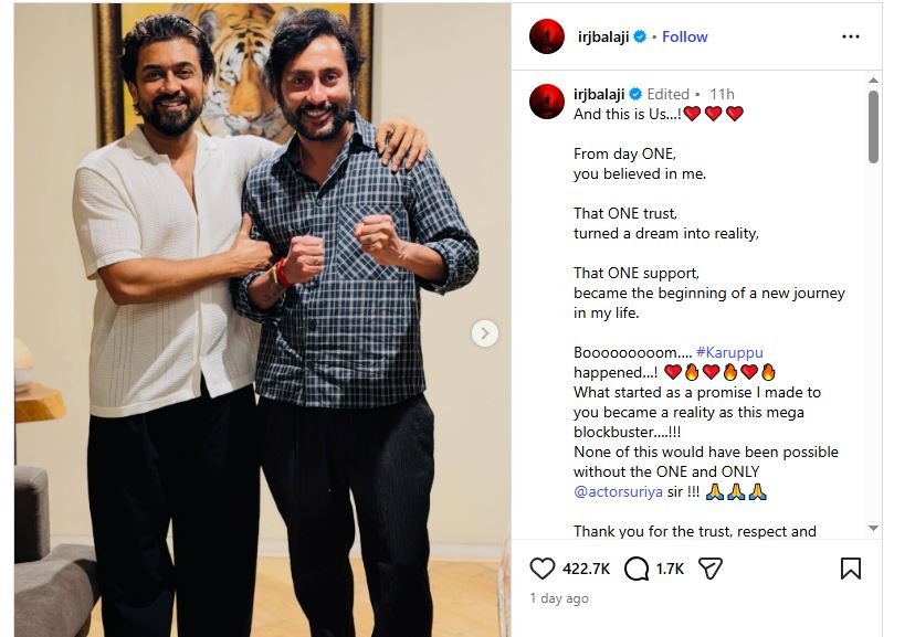 Karuppu की ब्लॉकबस्टर सक्सेस पर गदगद हुए डायरेक्टर, इस शख्स को खास अंदाज में कहा थैंक्यू