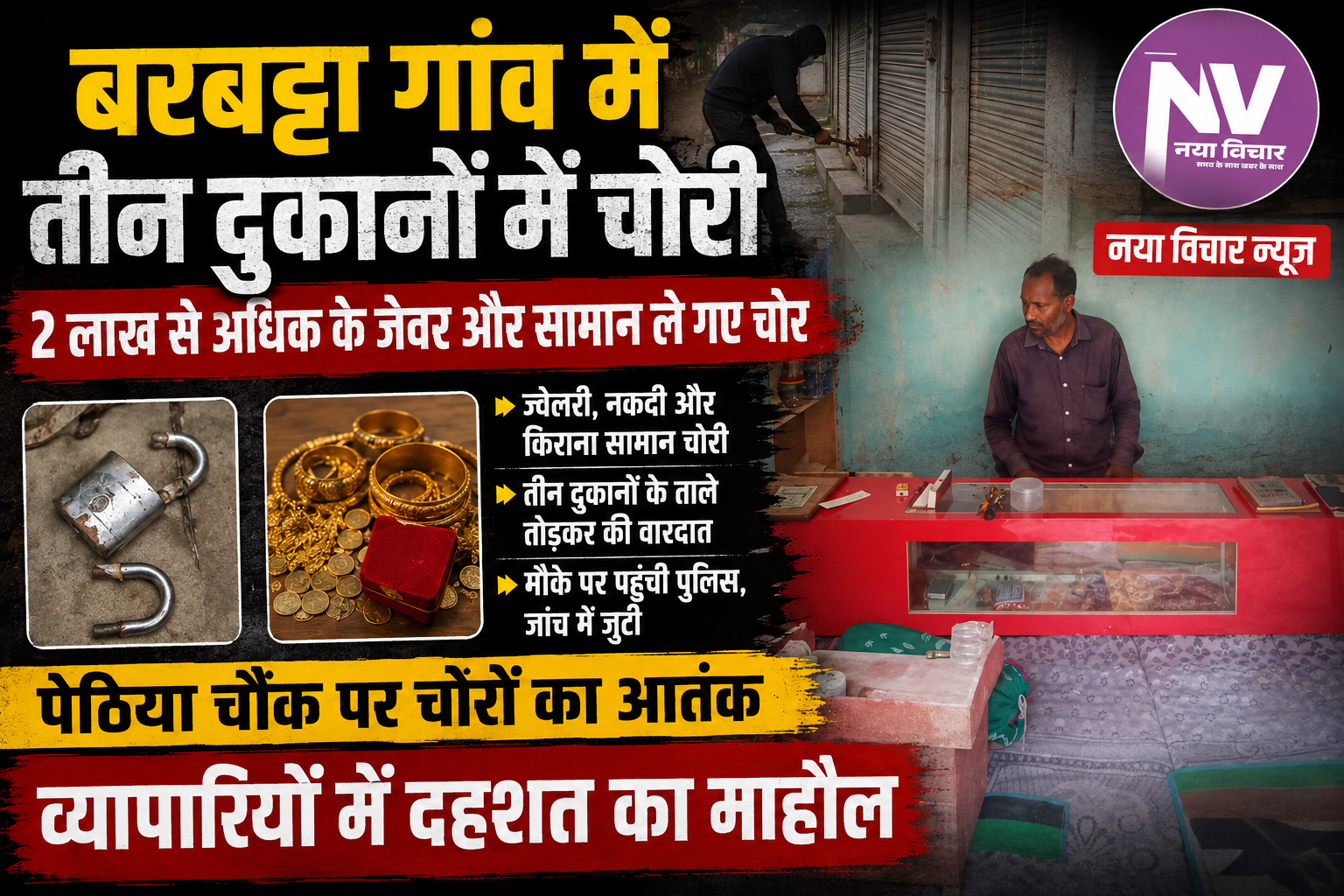 बरबट्टा गांव में तीन दुकानों के ताले तोड़कर चोरी, दो लाख से अधिक के जेवरात व सामान ले गए चोर