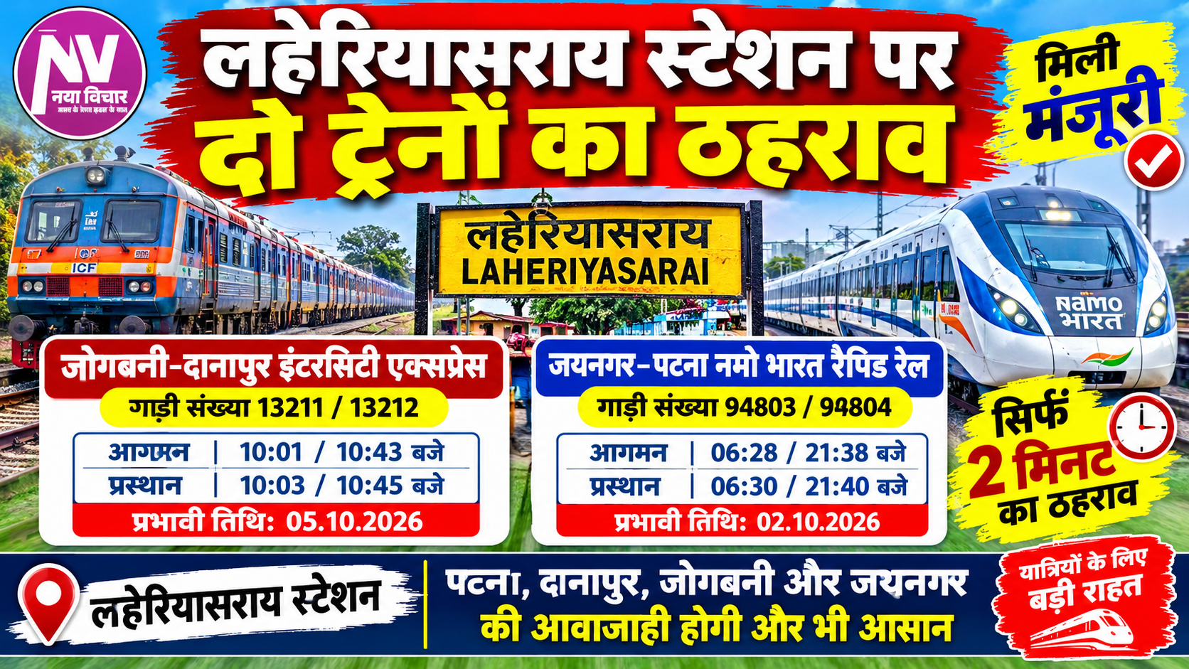 समस्तीपुर मंडल के लहेरियासराय स्टेशन पर जोगबनी–दानापुर इंटरसिटी एक्सप्रेस और जयनगर–पटना नमो भारत रैपिड रेल के ठहराव को मिली मंजूरी