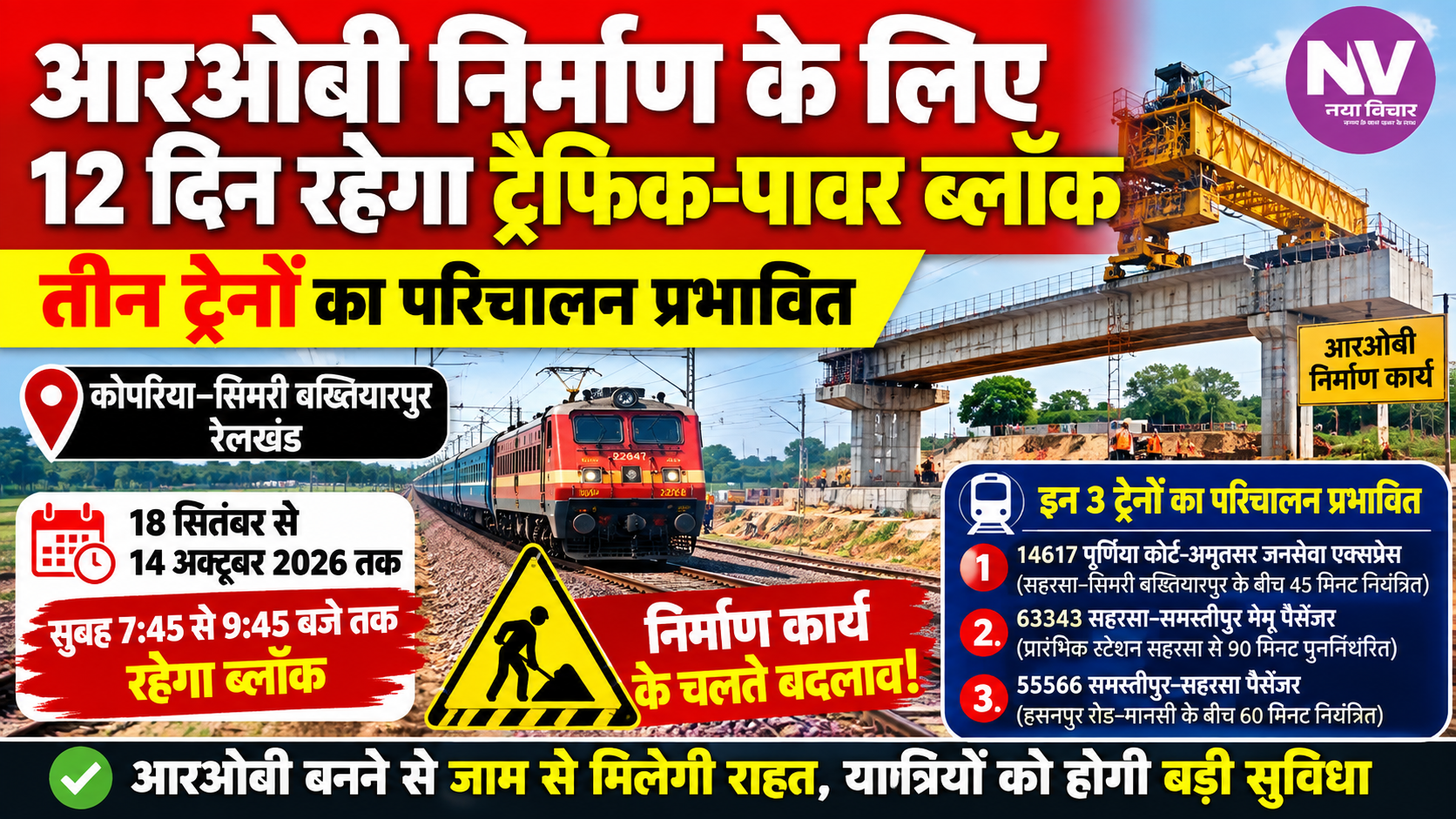 आरओबी निर्माण के लिए 12 दिन रहेगा ट्रैफिक-पावर ब्लॉक, तीन ट्रेनों का परिचालन प्रभावित, कोपरिया-सिमरी बख्तियारपुर रेलखंड पर 18 सितंबर से 14 अक्टूबर तक होगा गर्डर लॉन्चिंग का काम